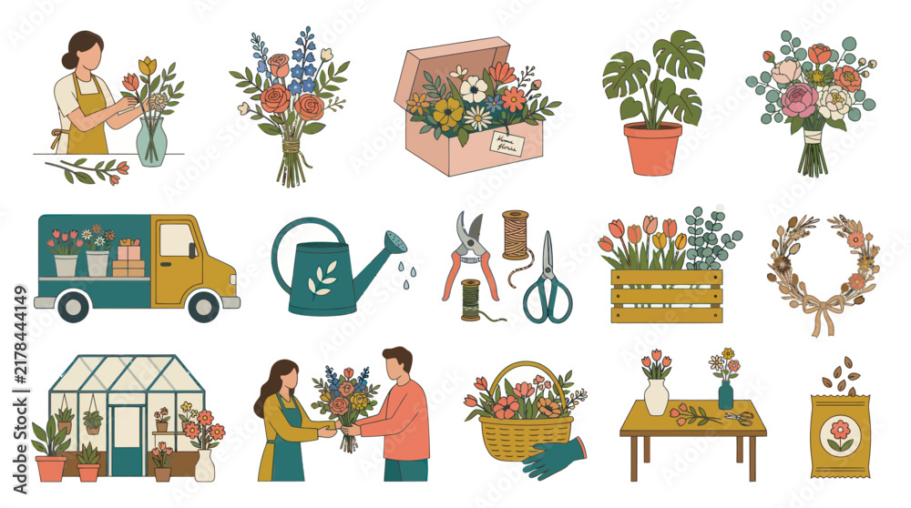 Fototapeta premium Flat Illustration of Florist Arranging Flowers in a Greenhouse, Delivery Truck, and Wreath
