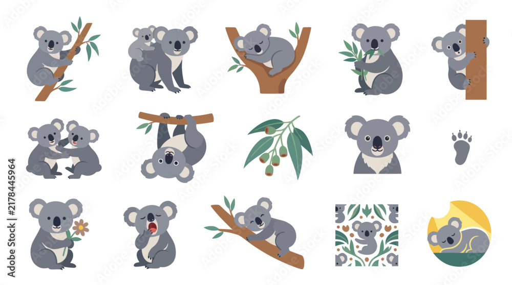 Obraz premium Cute Flat Cartoon Koalas and Eucalyptus Leaves Vector Set. Australian Wildlife Animal Characters Collection