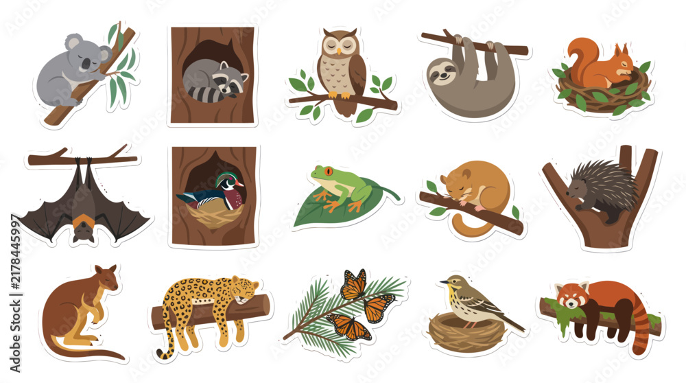 Fototapeta premium Set of Cute Flat Vector Sticker Illustrations with Wild Animals Resting and Sleeping in Nature Habitat