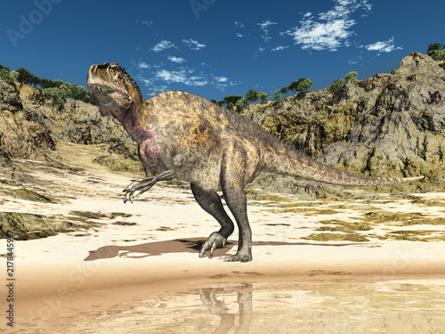 Dinosaurier Acrocanthosaurus in einer Küstenlandschaft