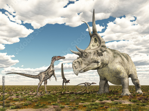 Dinosaurier Velociraptor und Diabloceratops in einer Landschaft