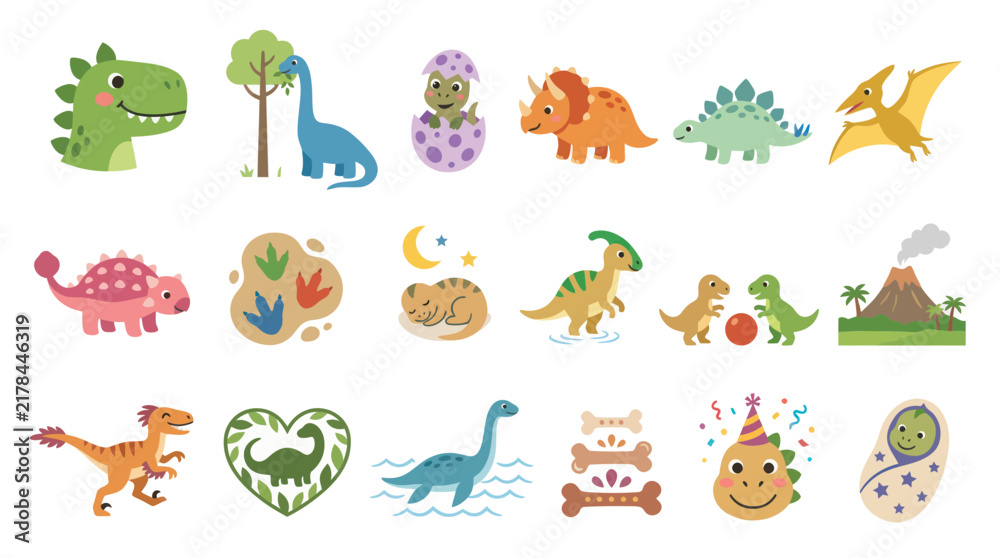 Obraz premium Cute Cartoon Dinosaurs and Prehistoric Elements, Flat Vector Art