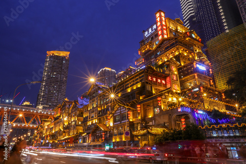 Bild auf Leinwand Hongyadong Night View with Traditional Architecture in Chongqing, China