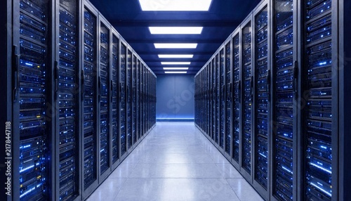 Quadro su tela Long modern data center corridor full of towering server racks glowing with acti