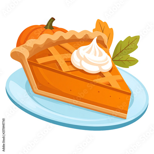 Slice of Pumpkin Pie with Whipped Cream and Autumn Leaves