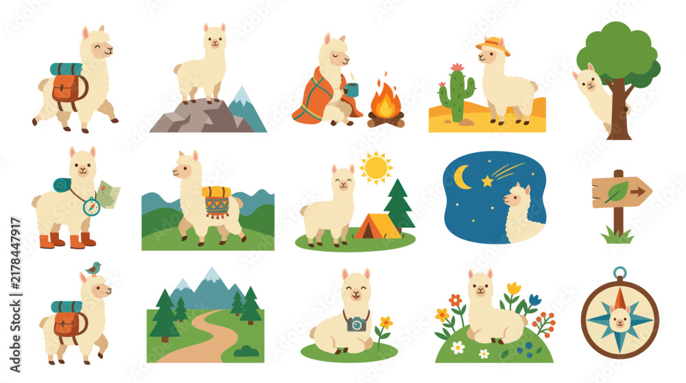 Fototapeta premium Cute Flat Cartoon Llamas Set for Outdoor Adventure, Travel, Hiking, and Camping Nature Illustration