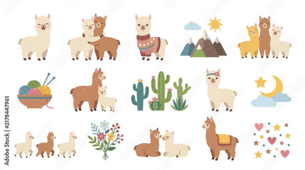Fototapeta premium Cute Alpaca Vector Illustrations - Fluffy Llama and Baby Animals for Kids
