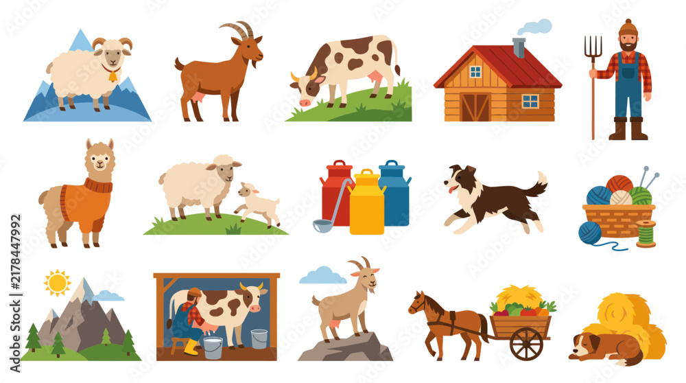 Obraz premium Flat Cartoon Agriculture and Farm Life Vector Set: Animals, Farmer, House, Milk, Wool, Hay, Mountains