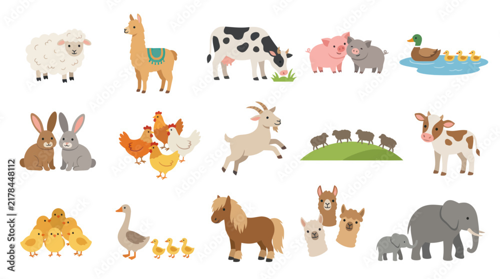 Fototapeta premium Cute Farm Animals Flat Vector Illustration Set for Kids and Children's Education