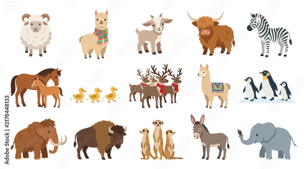 Fototapeta premium Cute Farm Animals and Safari Creatures Collection - Flat Vector Illustrations