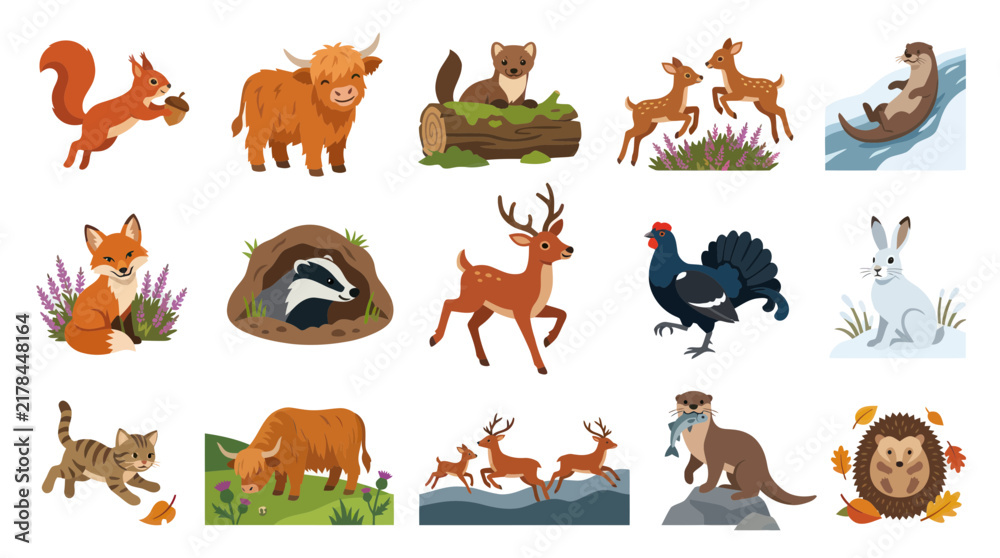 Obraz premium Cute Woodland Animals Vector Illustration, Flat Design, Forest Wildlife Icons