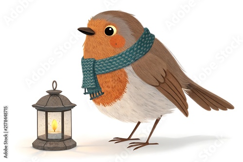 Cute robin bird wearing a colorful scarf near a lantern