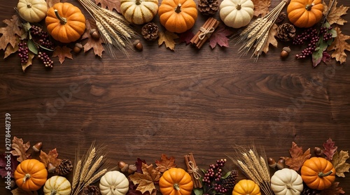 Autumn harvest background with assorted pumpkins and dry leaves arranged on a rustic dark wooden table surface