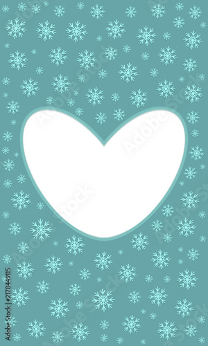 Winter snowflakes frame with heart-shaped copy space. Scrapbook, greeting card, background, card, template for wintertime. Vector, isolated on transparent background.