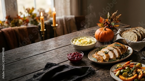 Traditional thanksgiving dinner table setting with roasted turkey pumpkin and festive autumn decorations in a cozy dining room