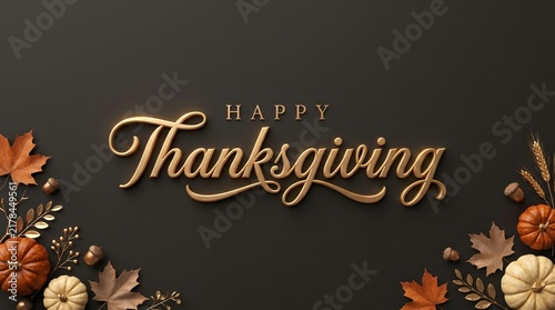 Elegant happy thanksgiving greeting card design with golden typography and autumn harvest decorations on a dark background