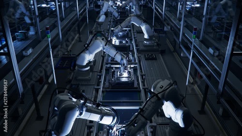 3D Animation: Welding and Manufacturing Automation. Automated Production Line with Robotic Arms on Dark Factory. Lights out Assembly Line with Autonomous Industrial Robot Arms.