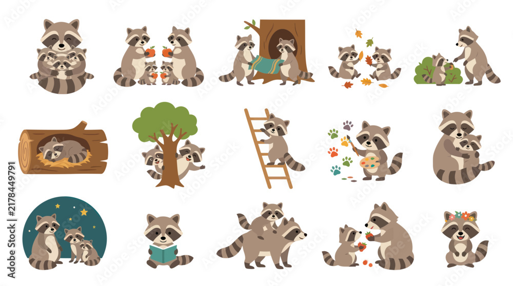 Obraz premium Cute Raccoon Family Illustrations in Flat Art Style