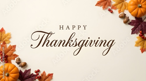Happy thanksgiving greeting card with colorful autumn leaves and small pumpkins on a light beige background