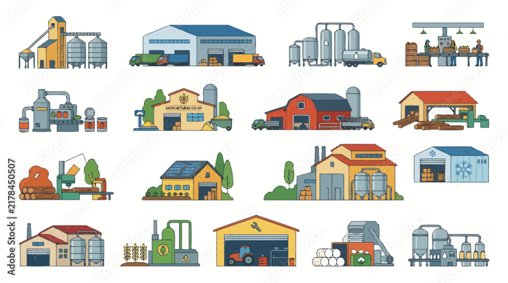 Fototapeta premium Flat Style Agricultural Factories and Farm Buildings Icons Set