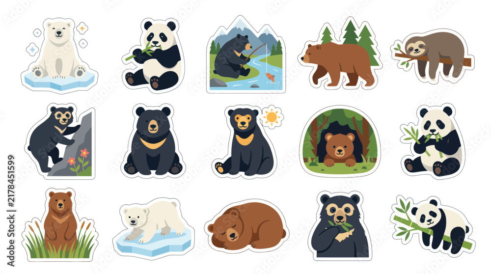 Fototapeta premium Cute Cartoon Bears Flat Vector Sticker Set. Collection of Diverse Bear Species: Polar, Panda, Brown, Sun, and Sloth Bears.