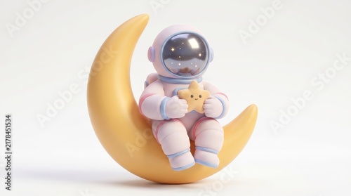 3D Illustration - Cute astronaut sitting on moon holding star in space