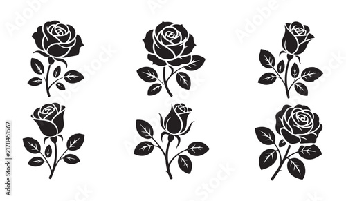 Detailed black rose stencil graphics with thorns and leaves set for t shirt prints and gothic emblems.