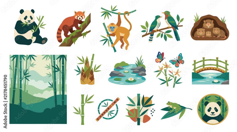 Obraz premium Asian Bamboo Forest Wildlife Flora Flat Vector Icons Set: Panda, Red Panda, Monkey, Birds, Bamboo.