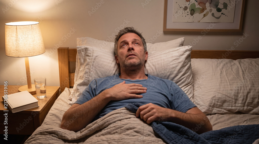 Fototapeta premium Man lying in bed with hand on chest feeling unwell
