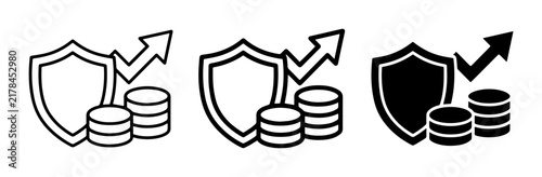 Financial Security Icons: Shield, Coins, Growth Chart, Vector Set
