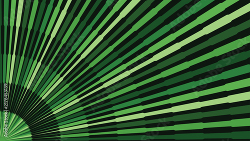 Green abstract background with radial sunburst rays and segmented rhythmic graphic lines.