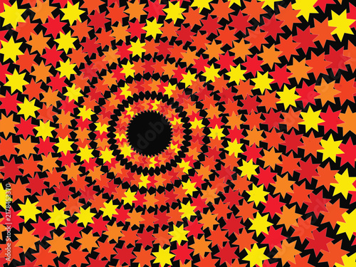 Vibrant spiral pattern made of colorful multi pointed stars on black background optical design.
