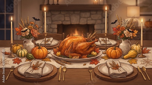 Thanksgiving dinner table setting with roasted turkey and autumn decorations digital illustration