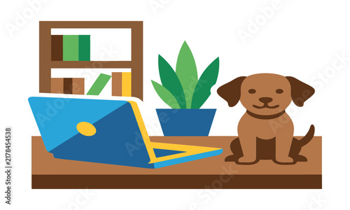A cute brown puppy sitting on a wooden desk next to a blue laptop computer and a green potted plant with a bookshelf in the background, featuring a flat vector illustration design for home office