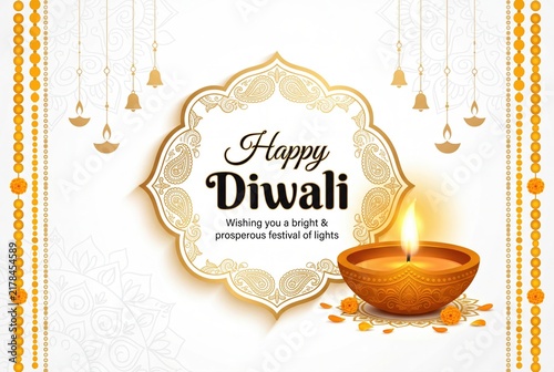 Happy Diwali greeting card with traditional oil lamp and golden decorative frame