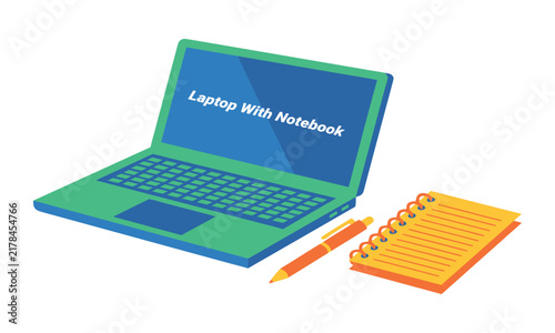 A vibrant flat vector illustration featuring a modern green laptop computer placed next to a yellow spiral notebook and an orange pen, representing a clean workspace