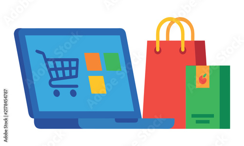 Flat vector illustration of a laptop computer displaying an online shopping cart icon next to a red paper shopping bag and a green grocery box representing modern digital e-commerce retail services
