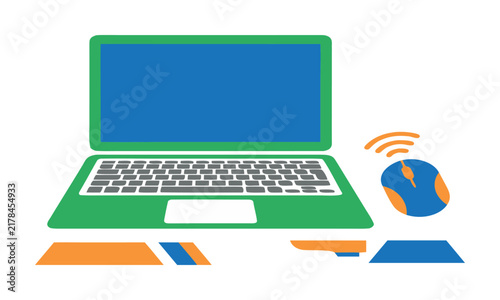 A vibrant flat vector illustration of a modern green laptop computer paired with a wireless orange and blue mouse on a clean white background representing digital technology and office productivity