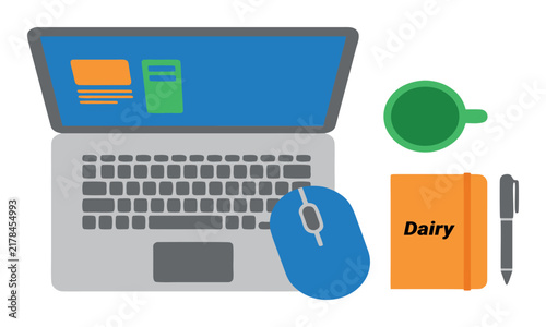 Top View Flat Illustration of a Modern Laptop Computer with a Blue Mouse and an Orange Dairy Notebook and a Green Coffee Cup and a Grey Pen Arranged Neatly on a Clean White Background Workspace Desk