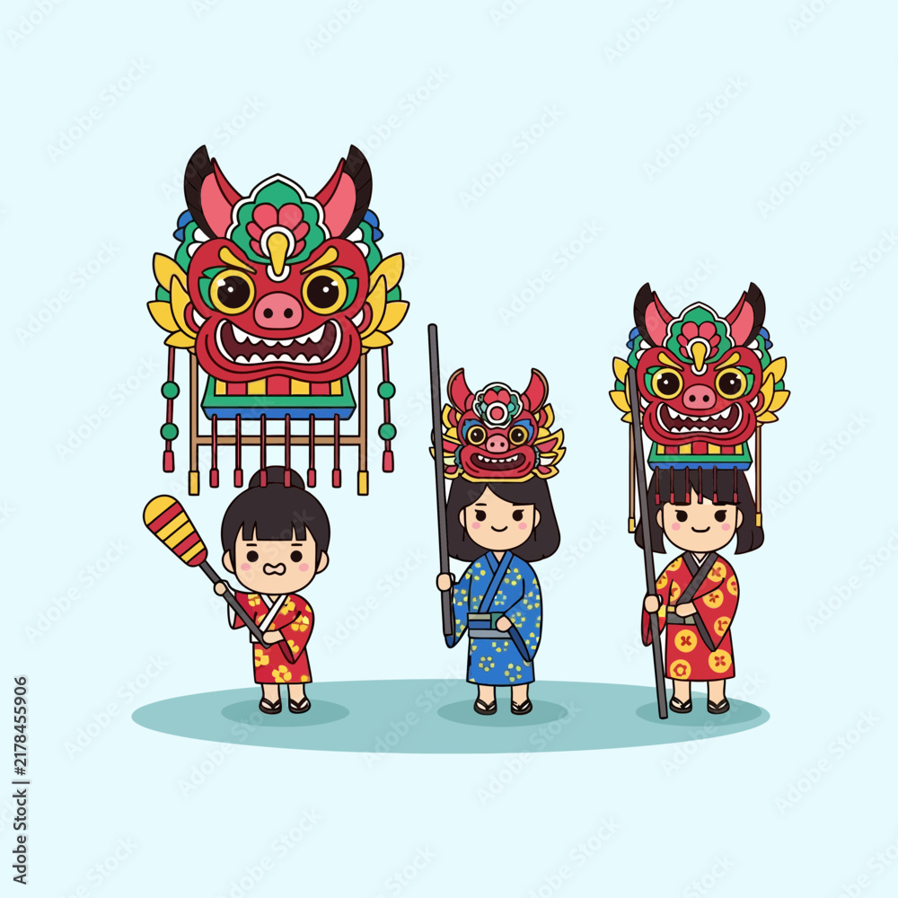 Naklejka premium Children with traditional Japanese festival masks