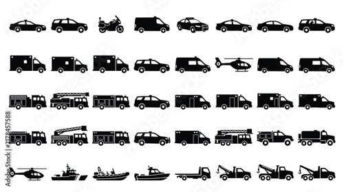 Collection of 40 emergency vehicle silhouette icons including police cars, SUVs, ambulances, fire engines, rescue helicopters, tow trucks, and coast guard boats in flat vector style.