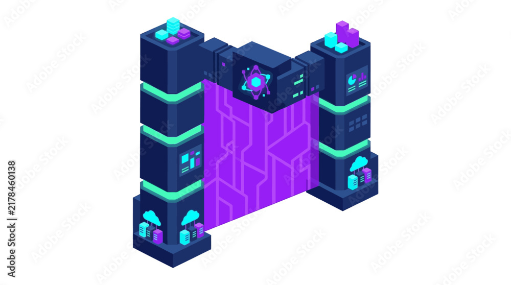 Obraz premium Isometric futuristic digital gateway with glowing purple energy portal and neon server towers