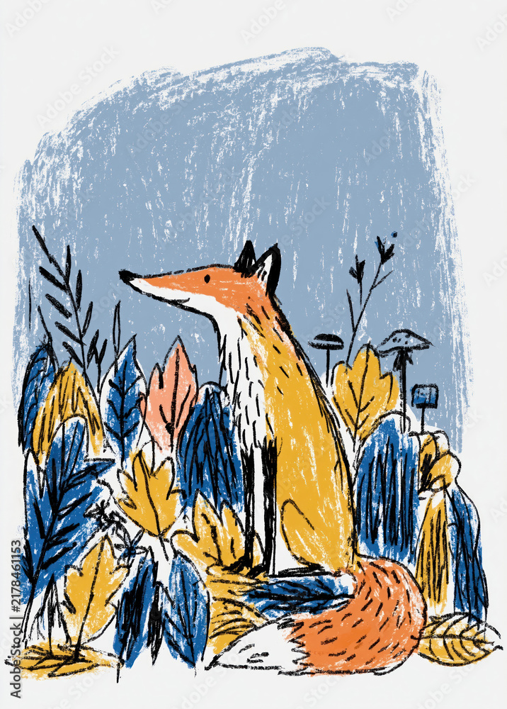 Fototapeta premium Whimsical fox in colorful forest illustration