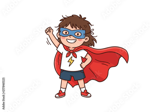 Happy cartoon child dressed as a superhero with a red cape and blue mask, posing confidently with a raised fist.