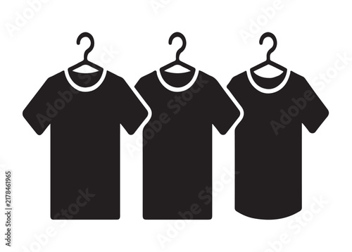 Three black t-shirts hanging on hangers icon representing clothing retail and home laundry storage display.