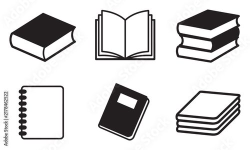 Collection of black outline book and notebook vector icons showcasing various angles and stacking styles on a dark grid transparent background.
