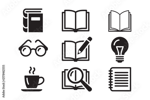 Set of black educational vector icons featuring open books reading glasses coffee cup lightbulb pencil and magnifying glass on transparent background.