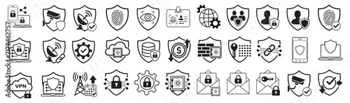 Cyber Security and Digital Protection Icon Collection with Shield Privacy Network and Authentication Symbols Vector Set