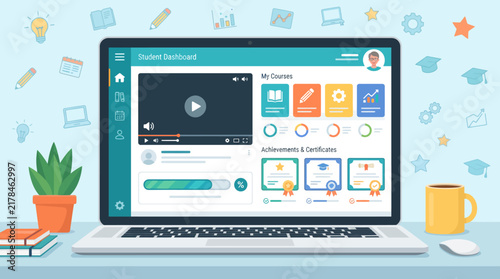Online Learning Platform Dashboard with Educational Icons and Study Accessories Vector Illustration