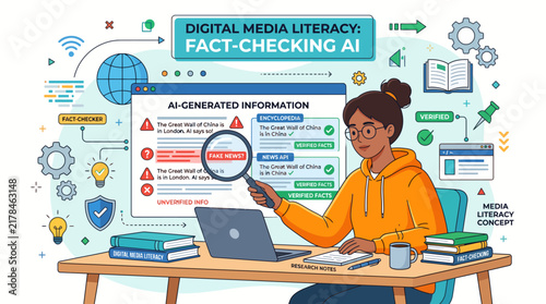 Digital media literacy concept showing a young student checking facts on AI-generated information